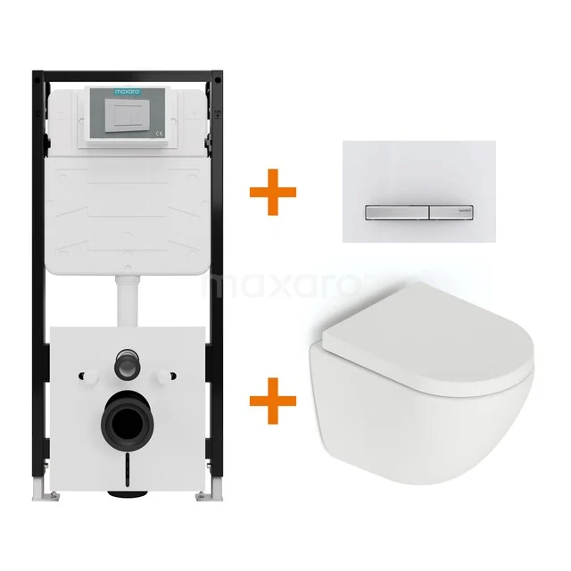 Toiletset Mat wit zonder Spoelrand + Maxaro Flush Slim Pro inbouwreservoir met geluidsisolatie TOI3241