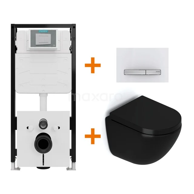 Toiletset Mat zwart zonder Spoelrand + Maxaro Flush Slim Pro inbouwreservoir met geluidsisolatie TOI3243