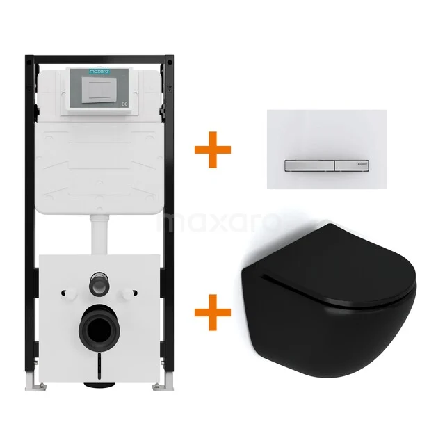 Toiletset Mat zwart zonder Spoelrand + Maxaro Flush Slim Pro inbouwreservoir met geluidsisolatie TOI3244