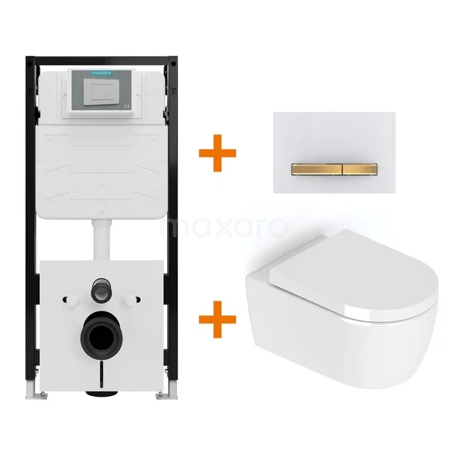 Toiletset Hoogglans wit zonder Spoelrand + Maxaro Flush Slim Pro inbouwreservoir met geluidsisolatie TOI3249