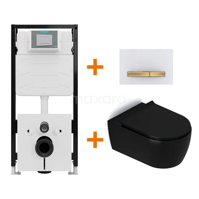 Toiletset Mat zwart met Spoelrand + Maxaro Flush Slim Pro inbouwreservoir met geluidsisolatie TOI3262