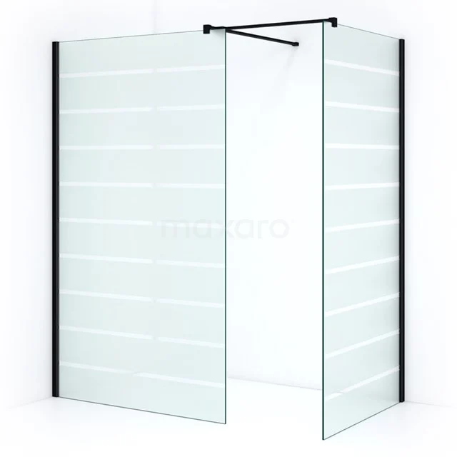 Pearl begehbare Dusche | 120x120 cm Matt Schwarz 2 feste Wände IPB1212506M Matt Schwarz begehbare Dusche mit Mattglas und horizontalen Streifen, modernes Design, ideal für eine stilvolle Badezimmergestaltung.