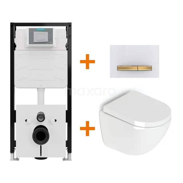Toiletset Hoogglans wit zonder Spoelrand + Maxaro Flush Slim Pro inbouwreservoir met geluidsisolatie TOI3272