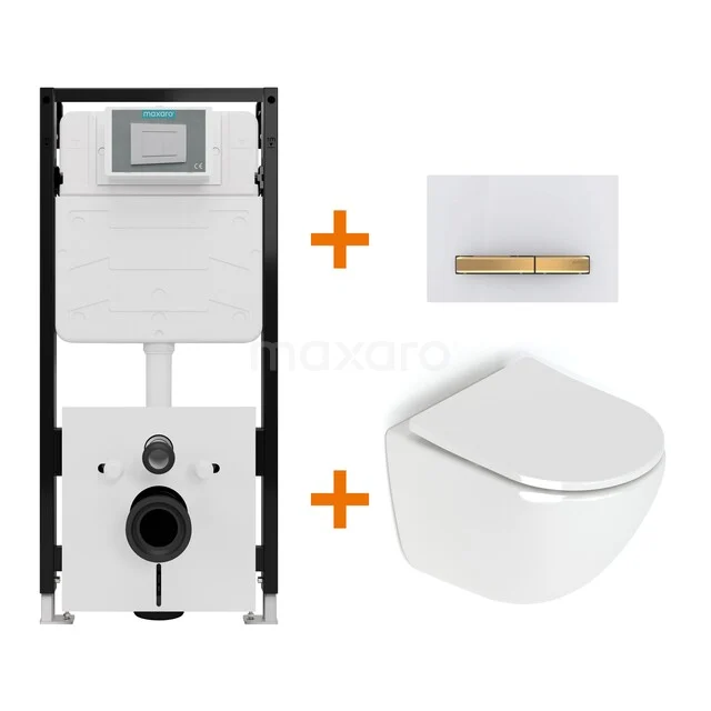 Toiletset Hoogglans wit zonder Spoelrand + Maxaro Flush Slim Pro inbouwreservoir met geluidsisolatie TOI3273