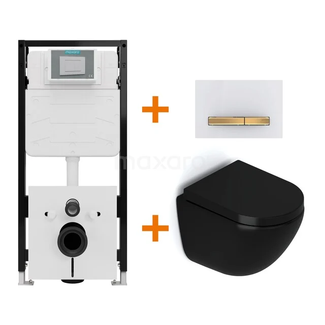 Toiletset Mat zwart zonder Spoelrand + Maxaro Flush Slim Pro inbouwreservoir met geluidsisolatie TOI3276