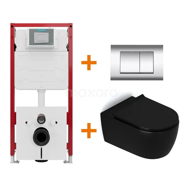 Toiletset Mat zwart zonder Spoelrand + Maxaro Flush inbouwreservoir TOI1319