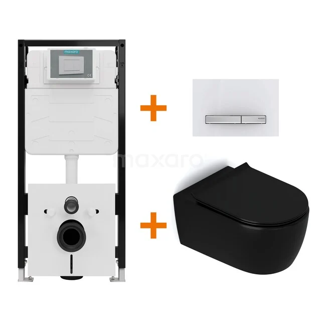 Toiletset Mat zwart zonder Spoelrand + Maxaro Flush Pro inbouwreservoir met geluidsisolatie TOI2474