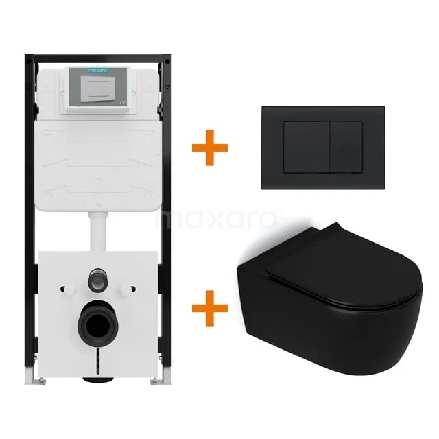 Toiletset Mat zwart zonder Spoelrand + Maxaro Flush Slim Pro inbouwreservoir met geluidsisolatie TOI2639