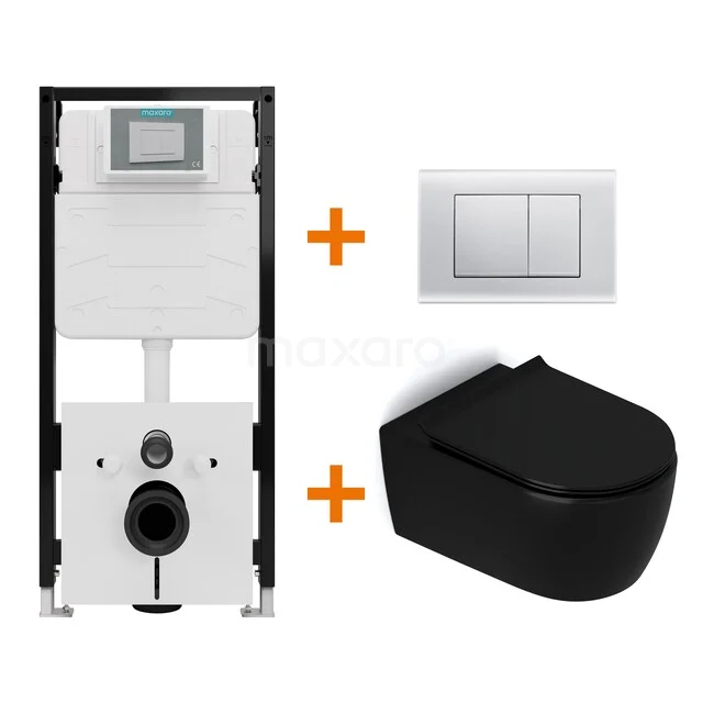 Toiletset Mat zwart zonder Spoelrand + Maxaro Flush Slim Pro inbouwreservoir met geluidsisolatie TOI2738