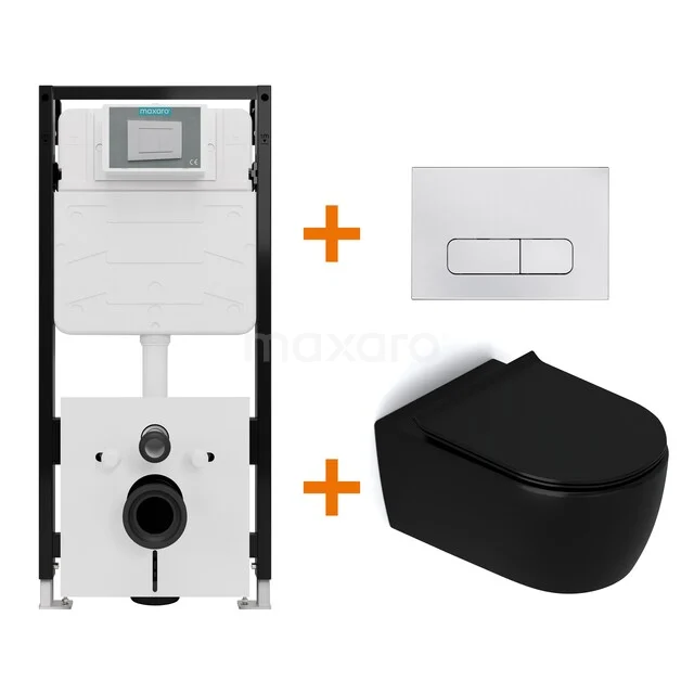 WC-Set Matt Schwarz ohne Rand + Maxaro Flush Slim Pro Unterputzspülkasten mit Schalldämmung TOI2771