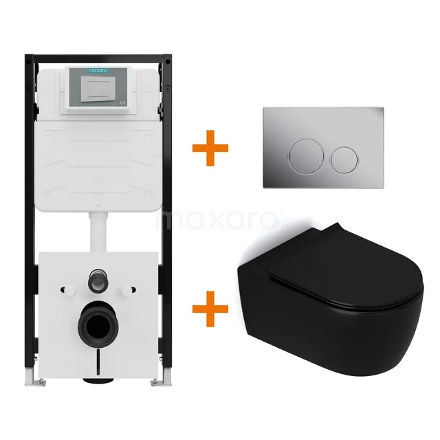Toiletset Mat zwart zonder Spoelrand + Maxaro Flush Slim Pro inbouwreservoir met geluidsisolatie TOI2903