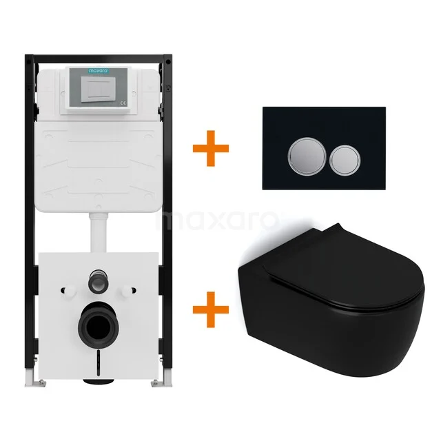 Toiletset Mat zwart zonder Spoelrand + Maxaro Flush Slim Pro inbouwreservoir met geluidsisolatie TOI3068