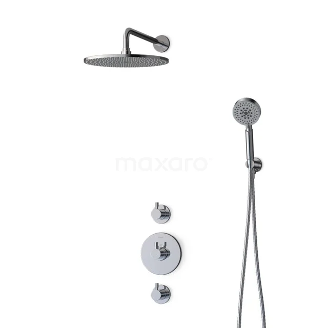 Modern chrome rain shower set with handheld shower, round shapes and wall-mounted; ideal for a stylish bathroom.