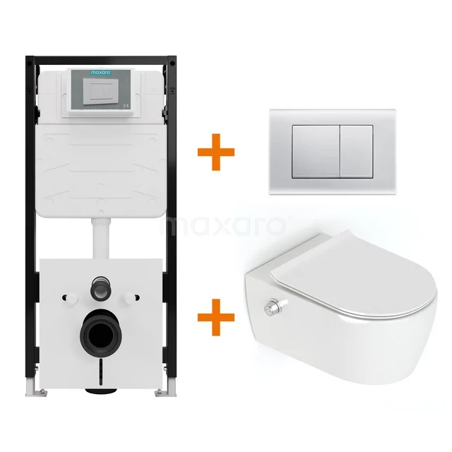 Toiletset Hoogglans wit Bidet  zonder Spoelrand + Maxaro Flush Slim Pro inbouwreservoir met geluidsisolatie TOI2743