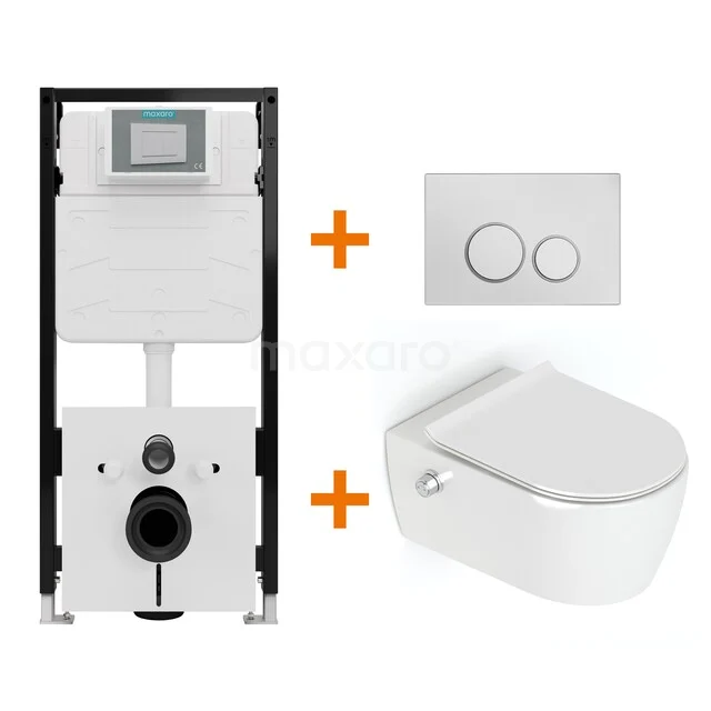 Toiletset Hoogglans wit Bidet  zonder Spoelrand + Maxaro Flush Slim Pro inbouwreservoir met geluidsisolatie TOI2809