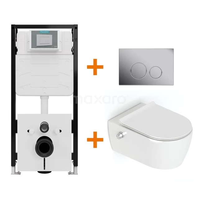 Toiletset Hoogglans wit Bidet  zonder Spoelrand + Maxaro Flush Slim Pro inbouwreservoir met geluidsisolatie TOI2908