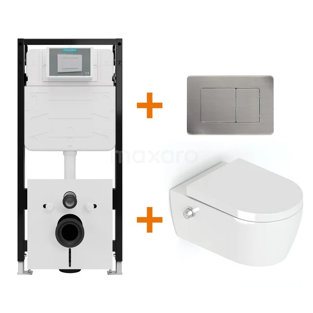 Toiletset Hoogglans wit Bidet  zonder Spoelrand + Maxaro Flush Slim Pro inbouwreservoir met geluidsisolatie TOI2973