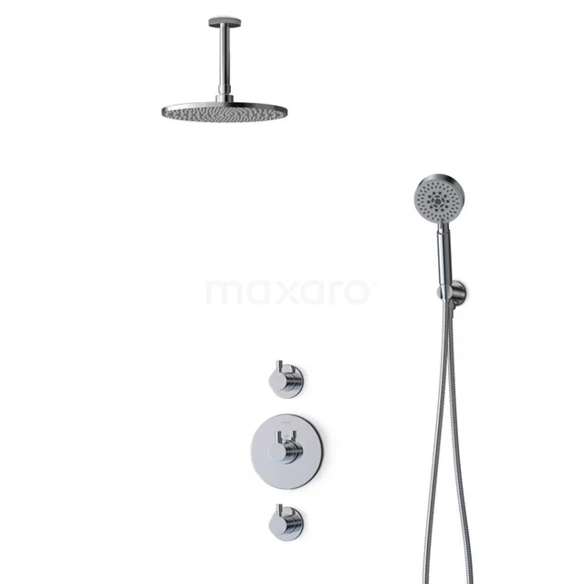 Round chrome rain shower with handheld shower and concealed thermostat, ideal for a luxurious and modern bathroom.