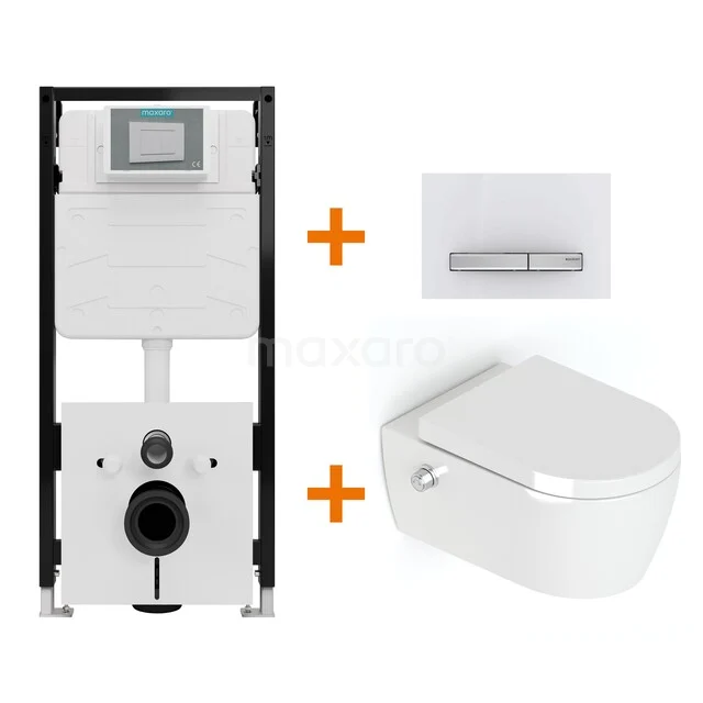 Toiletset Hoogglans wit Bidet  zonder Spoelrand + Maxaro Flush Slim Pro inbouwreservoir met geluidsisolatie TOI3237