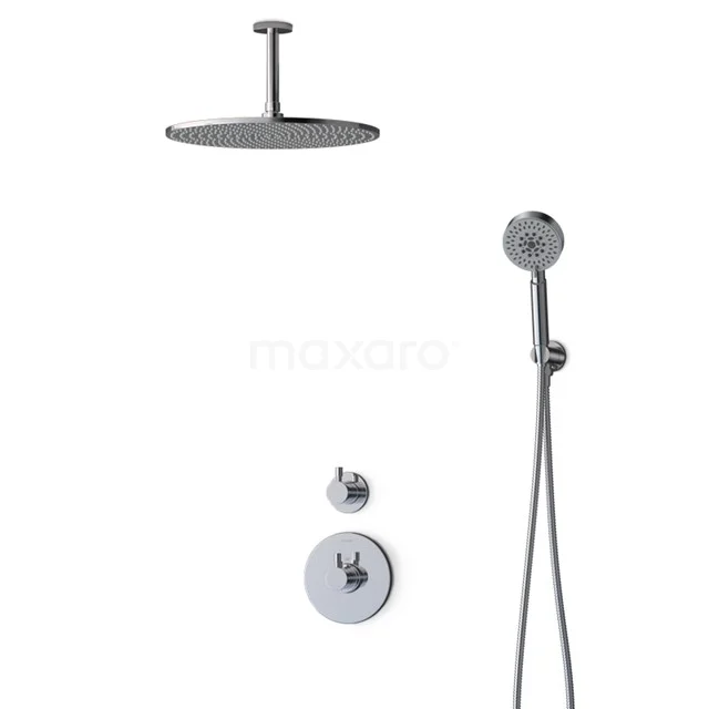 Edelstahl Regenduschen mit Handbrause, Deckenmontage und runden Formen; modernes Design für ein stilvolles Badezimmer.