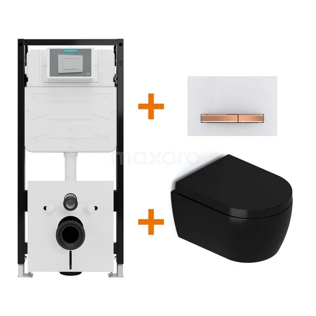 Toiletset Mat zwart met Spoelrand + Maxaro Flush Slim Pro inbouwreservoir met geluidsisolatie TOI3098