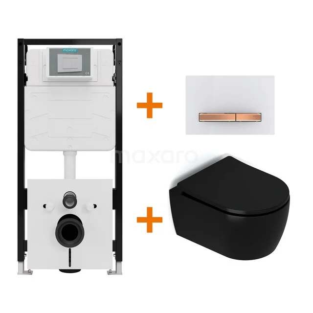 Toiletset Mat zwart met Spoelrand + Maxaro Flush Slim Pro inbouwreservoir met geluidsisolatie TOI3099