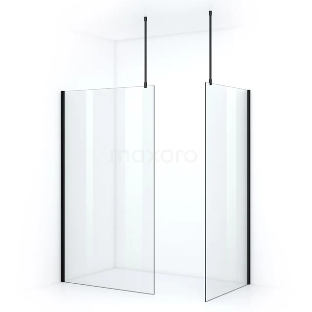 Pearl Walk-in shower | 110x90 cm Matte black Clear glass 2 fixed walls IPB1109700M Walk-in shower with two glass screens, black profile and ceiling supports, ideal for a modern bathroom.