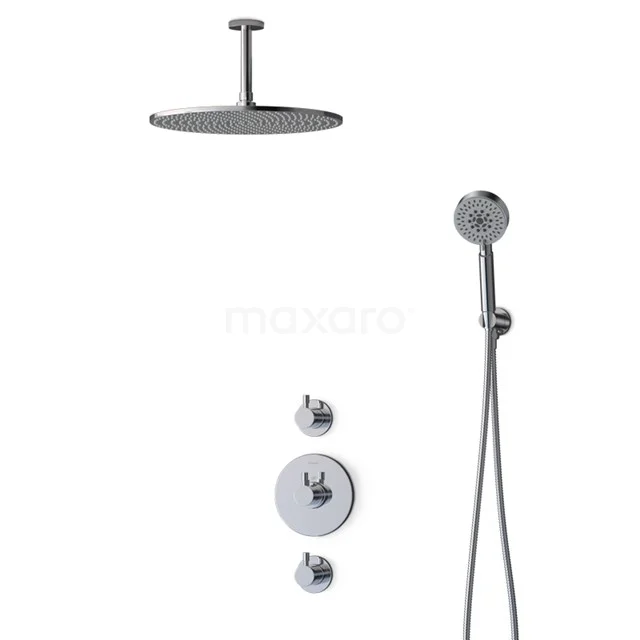 Runde Regendusche in Chrom mit Handbrause und Einbau-Thermostat, modernes Design für ein luxuriöses Badezimmererlebnis.