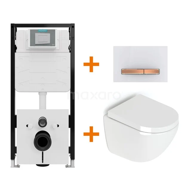 Toiletset Hoogglans wit zonder Spoelrand + Maxaro Flush Slim Pro inbouwreservoir met geluidsisolatie TOI3107