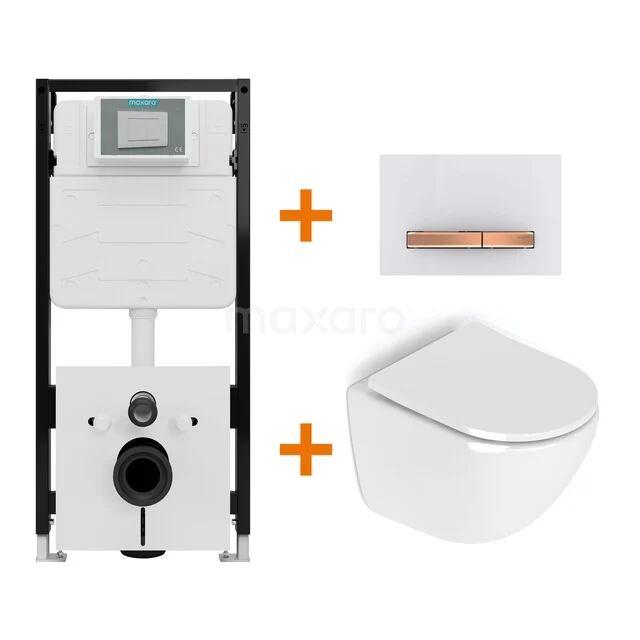 Toiletset Hoogglans wit zonder Spoelrand + Maxaro Flush Slim Pro inbouwreservoir met geluidsisolatie TOI3108
