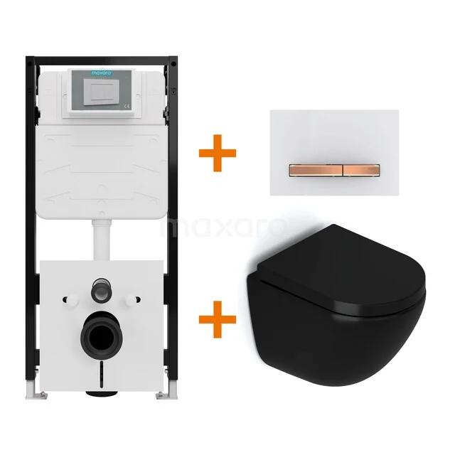 Toiletset Mat zwart zonder Spoelrand + Maxaro Flush Slim Pro inbouwreservoir met geluidsisolatie TOI3111
