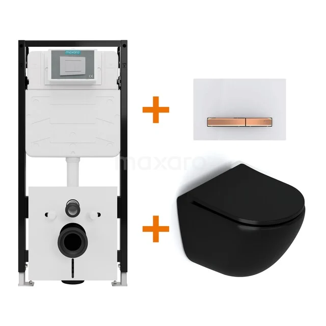 Toiletset Mat zwart zonder Spoelrand + Maxaro Flush Slim Pro inbouwreservoir met geluidsisolatie TOI3112