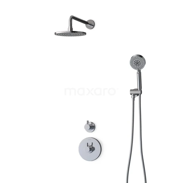 Chrome rain shower with handheld shower and round knobs, ideal for a modern bathroom.