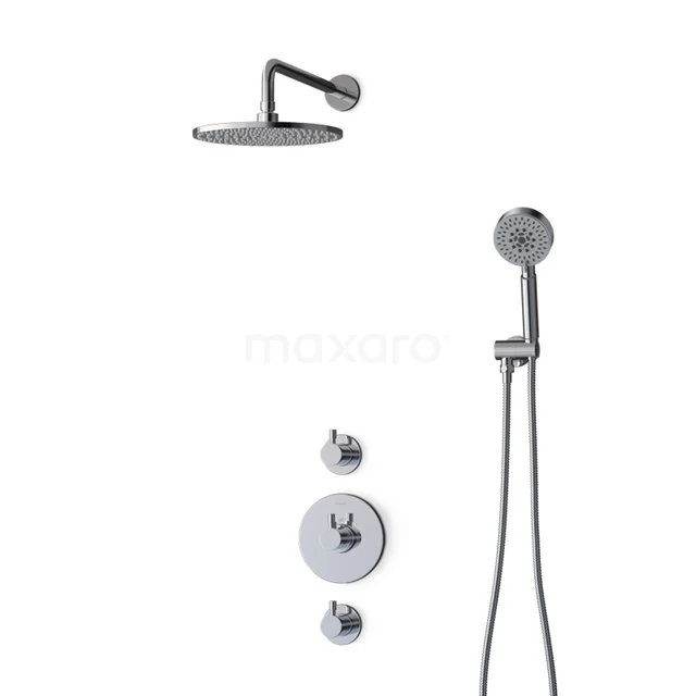 Modern chrome rain shower set with round shower head, handheld shower and mixer tap, perfect for a stylish bathroom.