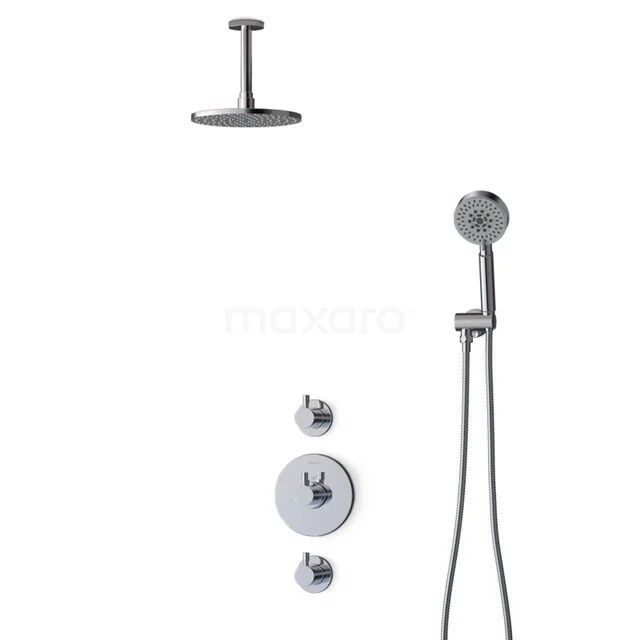 Chrome rain shower set with handheld shower, round main nozzle and wall mounting, ideal for modern bathrooms.