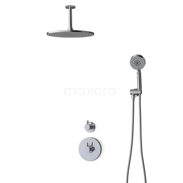 Round, chrome rain shower with matching handheld shower and mixer tap; modern design, ideal for luxury bathroom style.