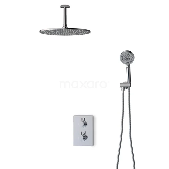 Moderne runde Regendusche und Handbrause Set in Matt Schwarz mit Thermostatarmatur, ideal als luxuriöses Badezimmeraccessoire.