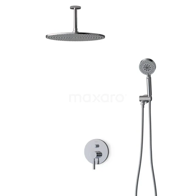 Runde Regendusche-Set in Chrom, einschließlich Handbrause und Thermostatarmatur, ideal für ein modernes Badezimmer.