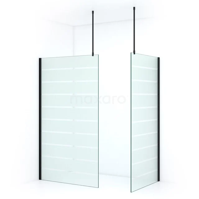 Frosted glass shower screen with black profiles, collapsible design, ideal for modern bathroom design.