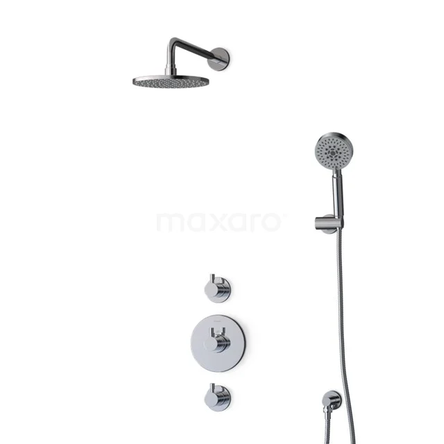 Round chrome rain shower with handheld shower, wall-mount and modern controls, ideal for a luxurious bathroom experience.