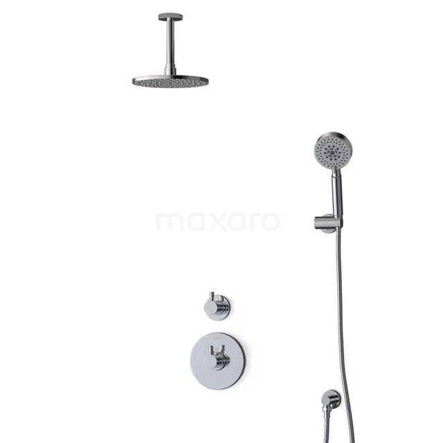 Modern chrome rain shower and handheld shower set, minimalist design, ideal for a stylish and functional bathroom upgrade.