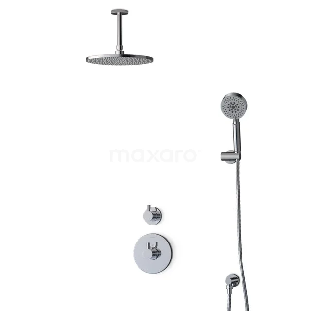 Regenduscheset rund Chrom mit Thermostat, Einbau-Design, inklusive Handbrause und Wandgriff, ideal für luxuriösen Badezimmerstil.