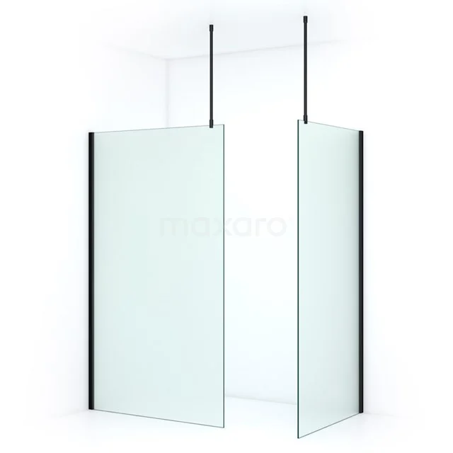 Clear glass shower screen with black aluminium profiles, minimalist design ideal for modern bathrooms.