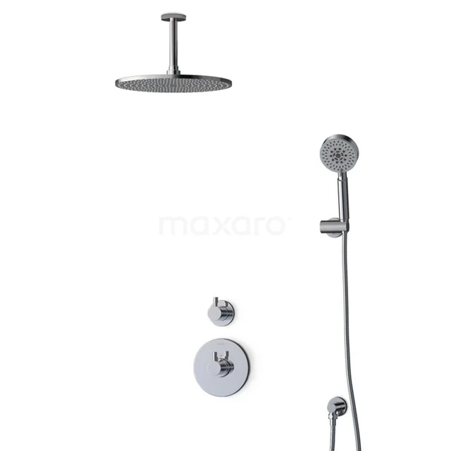 Runde Regendusche-Set in Chrom, einschließlich Handbrause und Thermostatarmatur, ideal für ein modernes Badezimmer-Update.