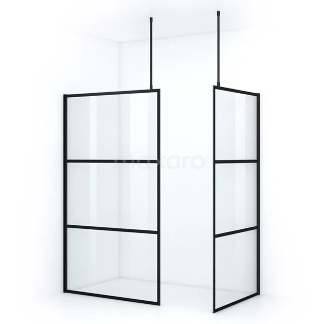 Schwarze, industrielle Duschwand mit Mattglas, minimalistisches Design und robuste Linien; perfekt für einen modernen Badezimmerstil.