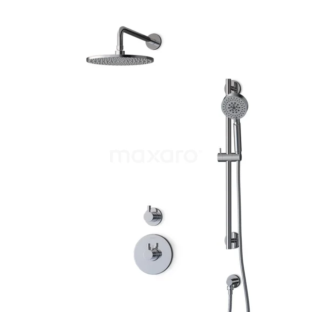 Edelstahl Regendusche Set mit runder Duschekopf und Handbrause, einschließlich Einbau-Thermostat, ideal für ein modernes Badezimmer.