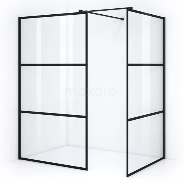 Walk-in shower 120x120cm Black Stripes Safety glass 8mm Matte Black IPB1212508M Black steel shower screen with clear glass, industrial style, perfect for a modern bathroom.