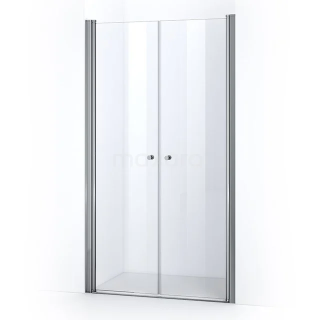 Glasdusche mit scharnierenden Doppeltüren, silberfarbigen Profilen und modernem Design, ideal für moderne Bäder.