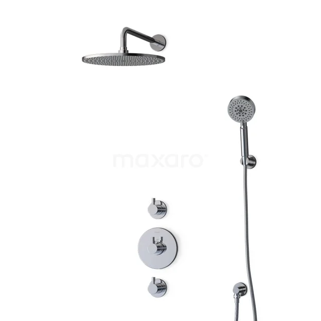 Schwarze Regendusche mit Handbrause, rundes Design, inklusive Thermostatarmatur. Moderne und stilvolle Duscheapparatur.