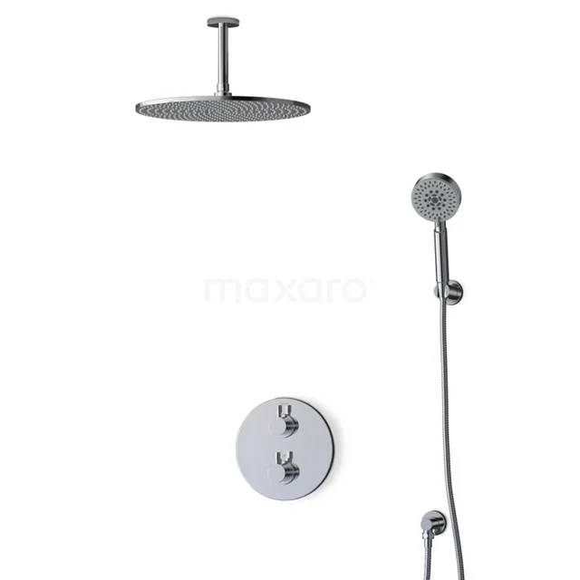 Regendusche Set Radius Chrom 35cm Unterputz Thermostat Chrom BIC55-00521 Minimalistische Matt Schwarz Regendusche Set mit runder Armatur, Kopfbrause und Handbrause, perfekt für ein modernes Badezimmer.
